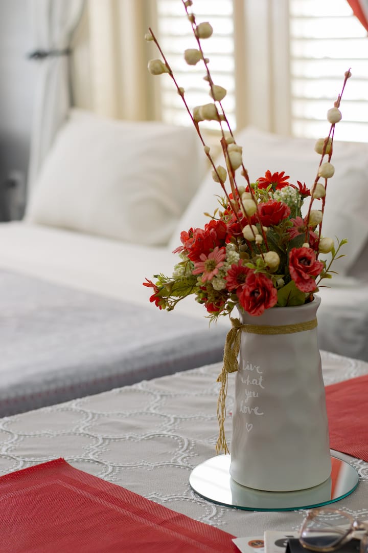 Warm floral detail inside the apartment